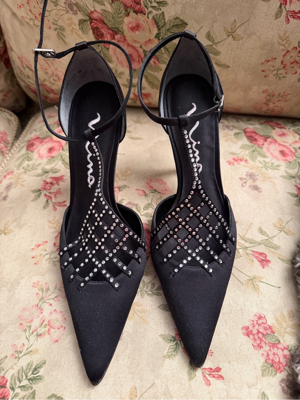 Nina Black Pointed-Toe Ankle-Strap Heels with Crystal Accents